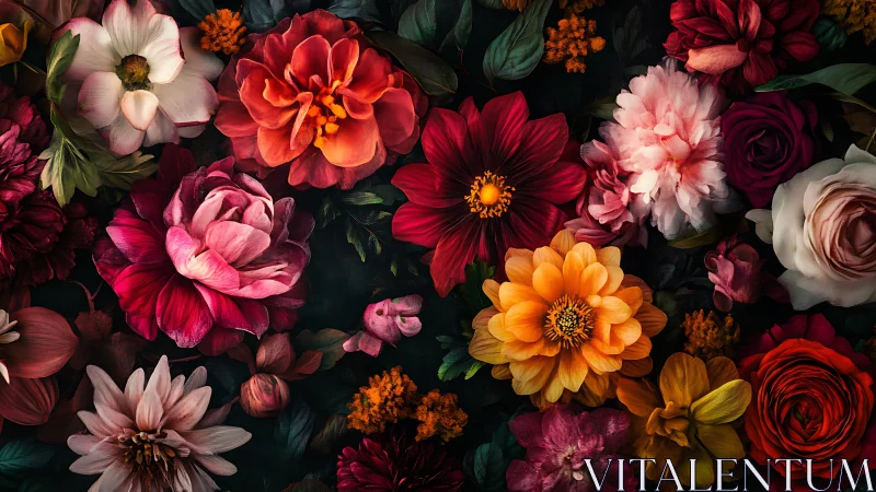 Dense floral arrangement showcases layered blooms in warm color palette.