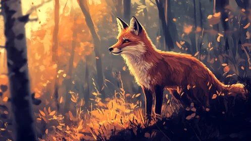 Red fox in backlit autumn forest rendered as digital painting