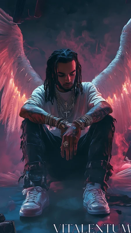 Moody winged man in streetwear sitting in smoky light.