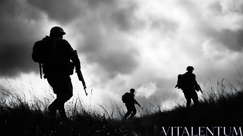 Soldiers silhouette patrol under storm-laden battlefield sky.