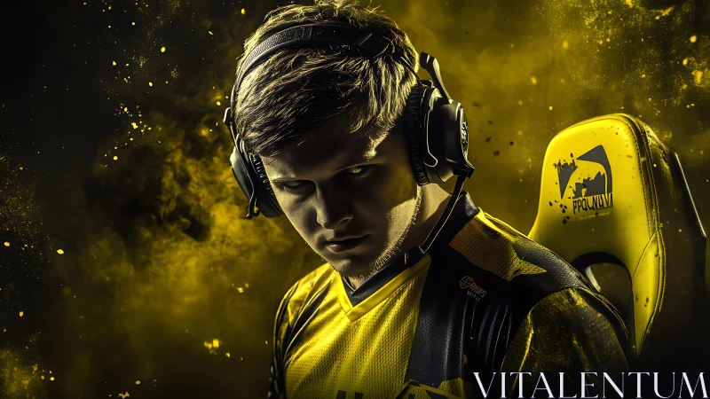 Esports gamer with headset in yellow-black environment.