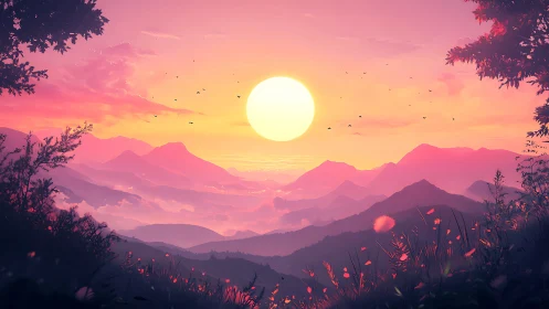Vibrant digital sunset over layered pastel mountain valley.