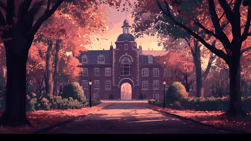 Autumn campus avenue framing brick academic gatehouse at dusk