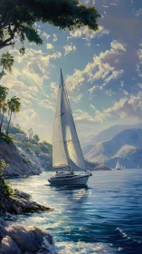Sunlit sailboat glides along rocky Mediterranean coastline