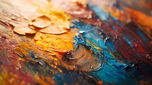 Abstract Oil Painting Closeup with Bold Blue and Orange Brushstrokes.