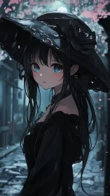 Young woman in black dress on wet cobblestone street at dusk.