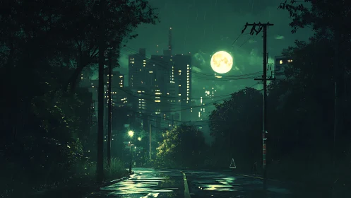 Rain-soaked suburban road under neon moonlit city skyline