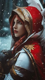 Crimson snowbound paladin gazes through the winter hush.
