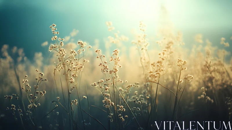 Backlit meadow grasses in shallow focus at sunrise or sunset.