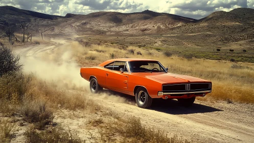 Desert-bred muscle car storms dusty trail beneath wild skies.