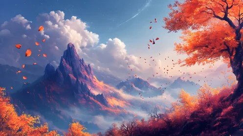 Autumn mountain landscape with clouds, valley and falling leaves.