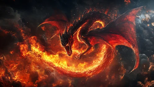 Inferno coil dragon carving a blazing halo through stormed sky.