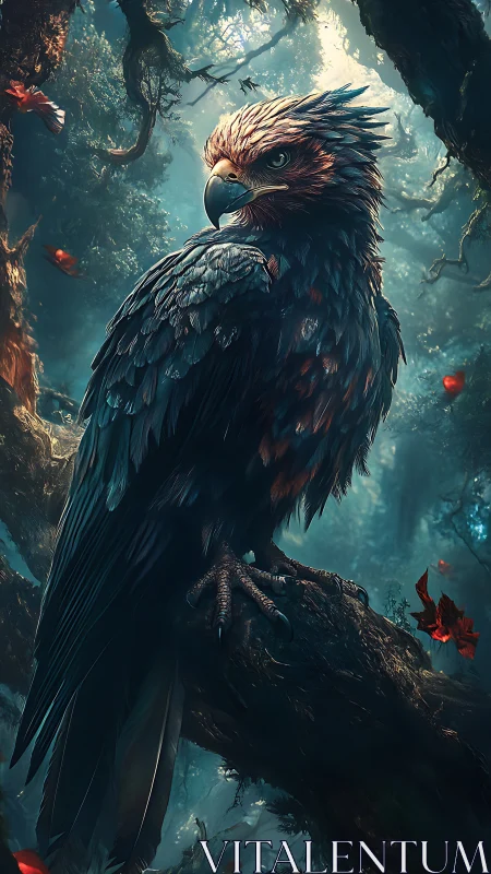 Majestic forest raptor resting in a softly glowing realm.