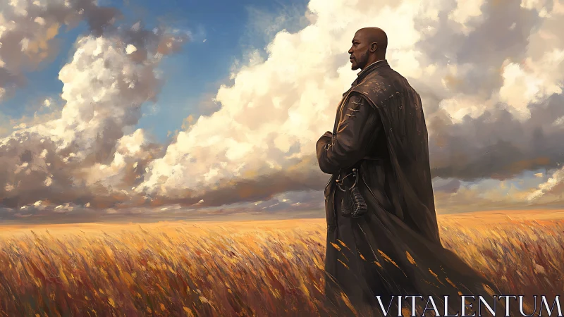 Solitary wanderer surveys windswept golden prairie under clouds.