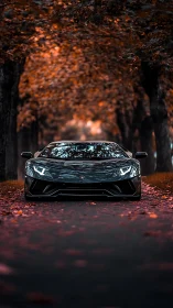 Supercar front view under moody autumn tree tunnel.