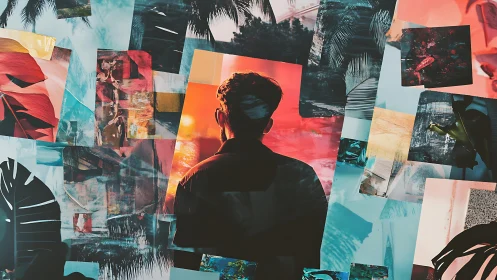 Backlit silhouette amid layered tropical collage fragments.