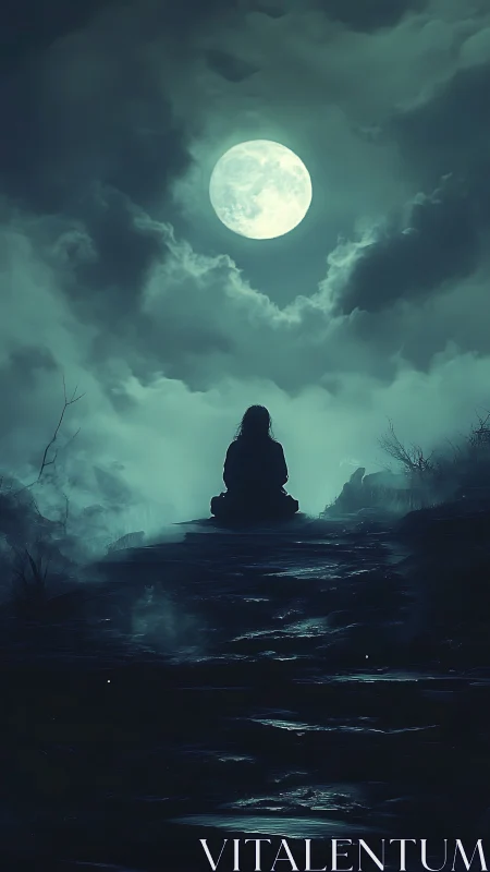 Solitary meditator silhouetted under luminous full moon