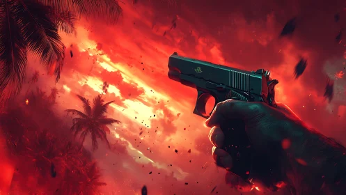 Gun muzzle aligned against incendiary tropical sky in red haze