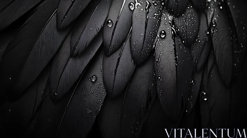 Hydrophobic black plumage macro with water droplet topology.