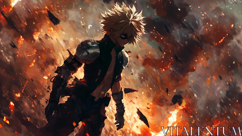 Armored figure in explosive debris field environment.