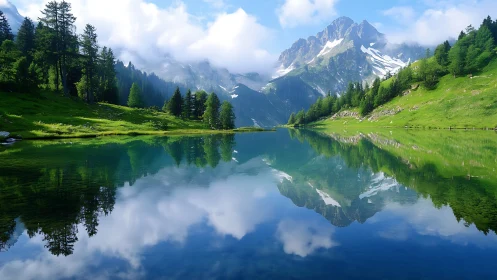 Mountain lake reflects snow peaks and green forest slopes.
