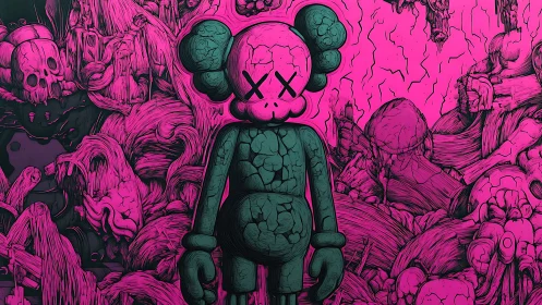 Cracked cartoon figure stands amid chaotic neon decay