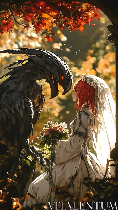 Bride with red hair faces dark beast under autumn arch