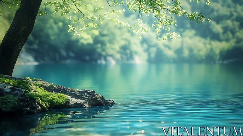 Tranquil turquoise lake with mossy rocks and overhanging tree