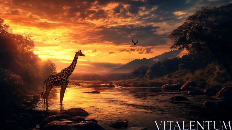 Giraffe wades through ember-lit river beneath roaring sunset.