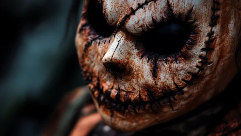 Close-up of stitched, weathered skull-like mask in shadow.