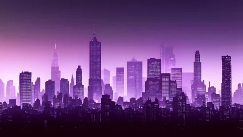 Neon violet metropolis skyline under atmospheric haze.