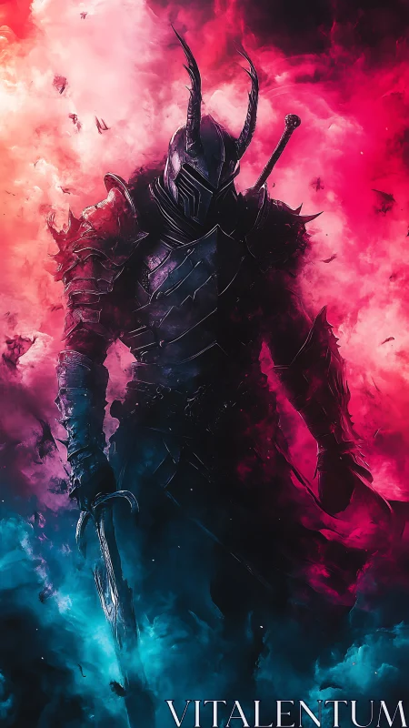 Armored dark knight in colored smoke with drawn sword.