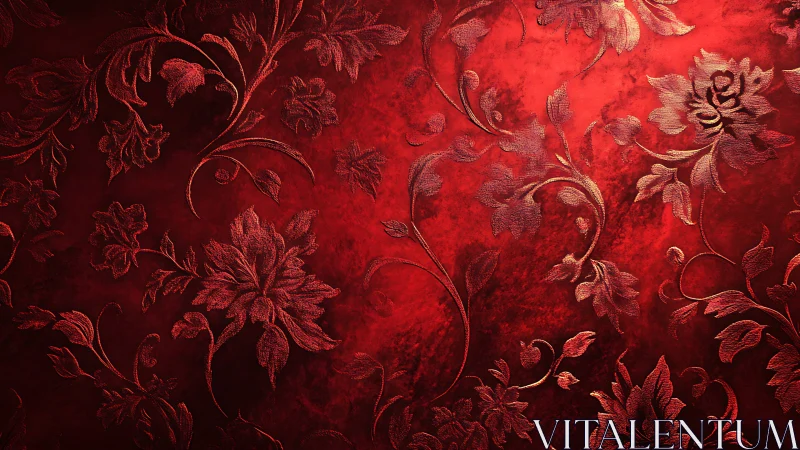Crimson brocade garden with glowing metallic florals.