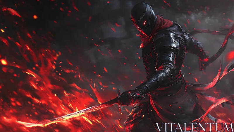 Armored masked figure holds flaming sword in dark environment