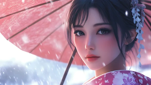 Anime portrait of kimono girl under parasol in falling snow
