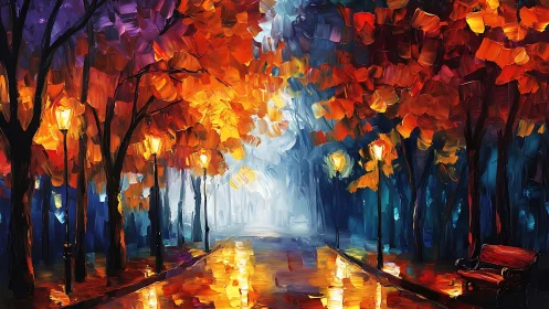 Autumn city park pathway with wet reflections and lampposts.