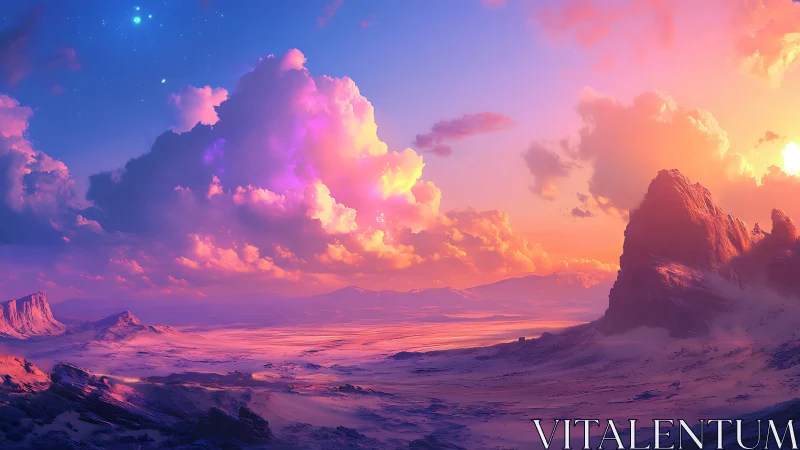 Radiant alien desert under luminous sunset clouds.