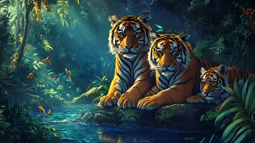 Tiger Dynasty at the Jungle Stream: Three Majestic Striped Guardians