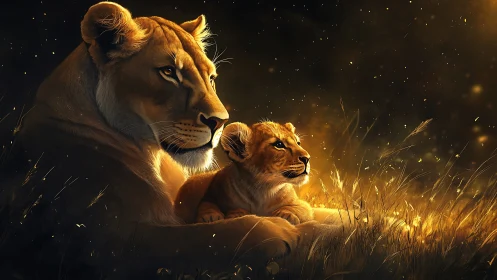 Lioness with cub in golden grassland setting
