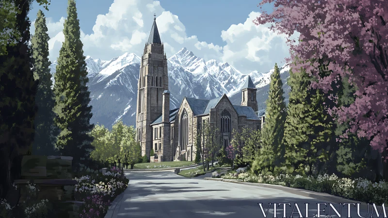 Peaceful mountain church nestles among blossoms and tall pines