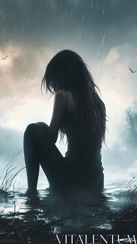 Quiet reflection beside rain-soaked water at dusk.