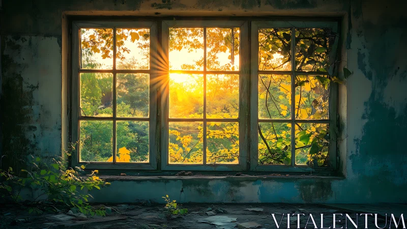 Sunlit overgrown garden framed by old rustic window.