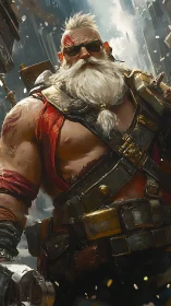 Battle-hardened cyberpunk warrior stands in sunlit ruins.