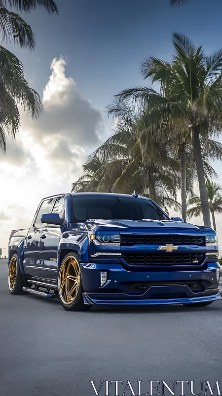 Custom blue Chevy truck with gold rims under palm sky.