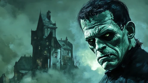 Haunted giant watches over a misty, crumbling mansion.