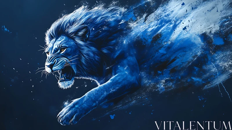 Roaring blue lion explodes into motion through abstract night