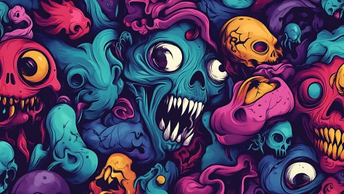 Interlocking neon skulls rendered in high-contrast vector horror palette