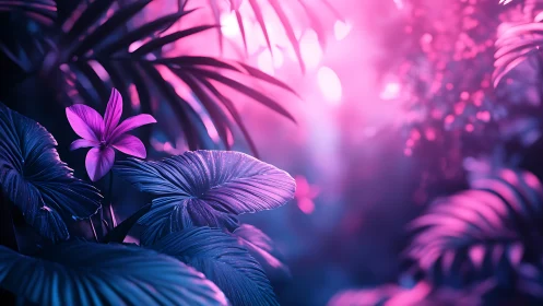 Neon orchid glowing in cinematic magenta jungle light.