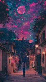 Solitary figure under neon night sky in old town street.