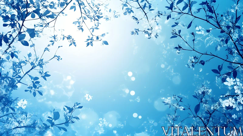 Sunlit Tree Branches Framing Sky in Dreamy Blue Illustration.